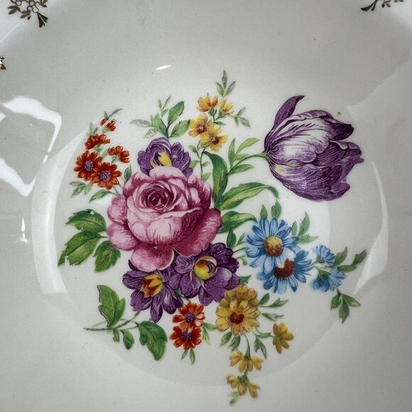 Vintage Edwin M. Knowles Semi Vitreous 4 Floral Berry Bowls Cream Gold Trim - Picture 4 of 10